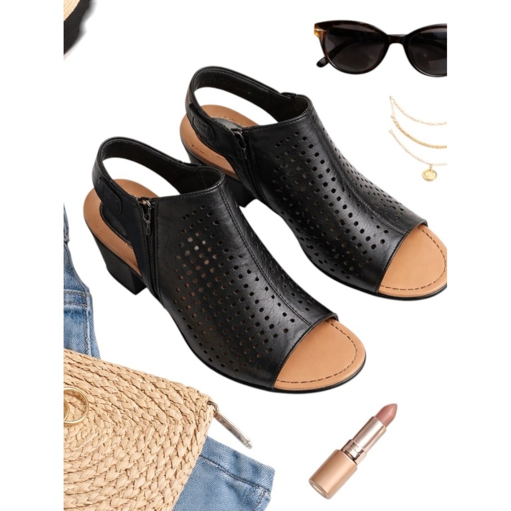 BOC Thebe Black Leather Slingback Sandals Size 7 Perforated Block Heel Comfort
